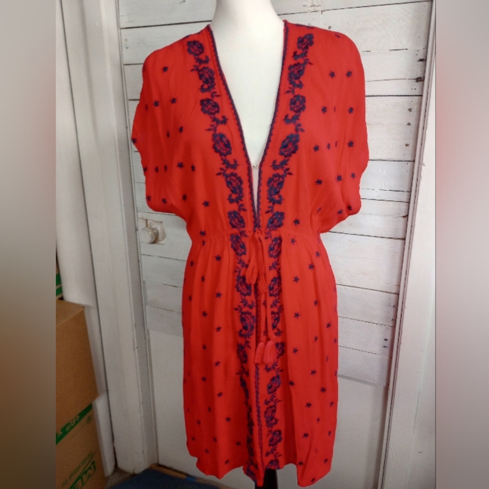 Love Tree Women’s Cover-up Large Red Blue Embroidered Boho Peasant Tunic *